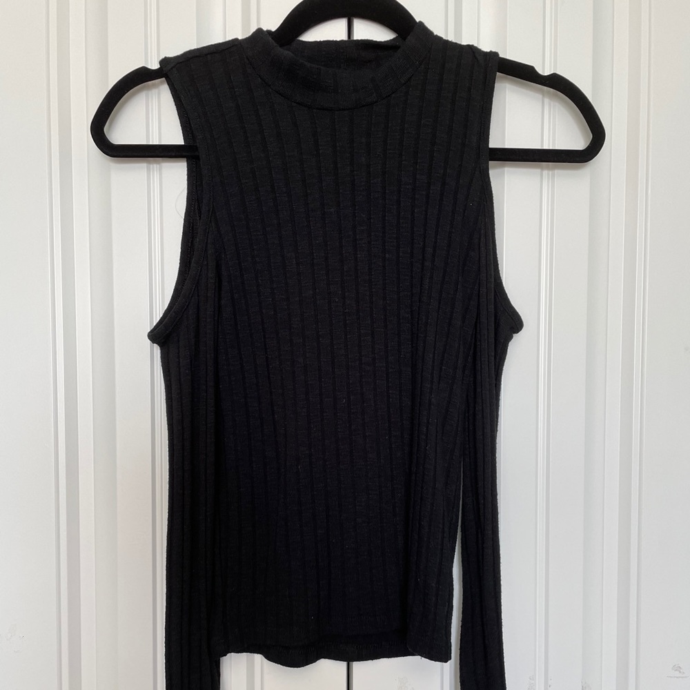 Off the Shoulder Black Ribbed Long Sleeve Top